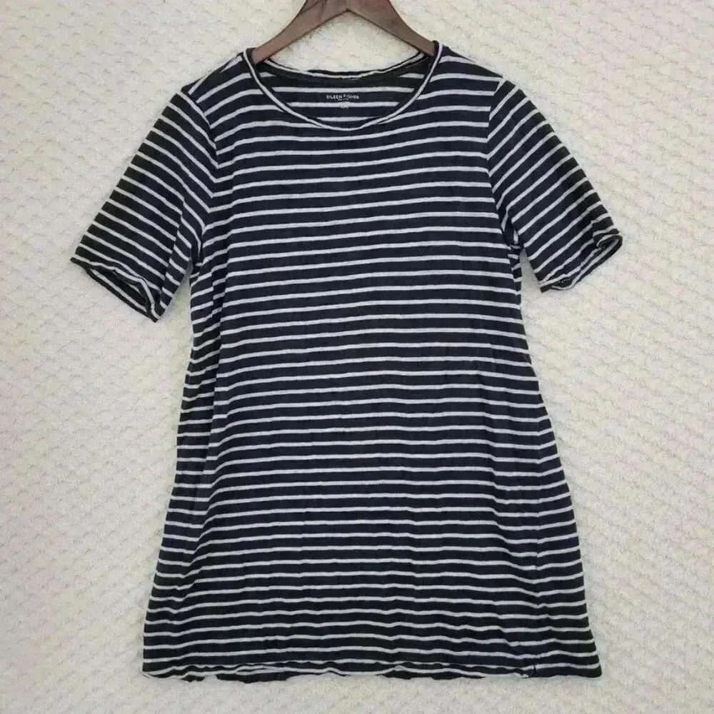 Eileen Fisher 100% linen Petite L Black & White Striped Blouse Short sleeve